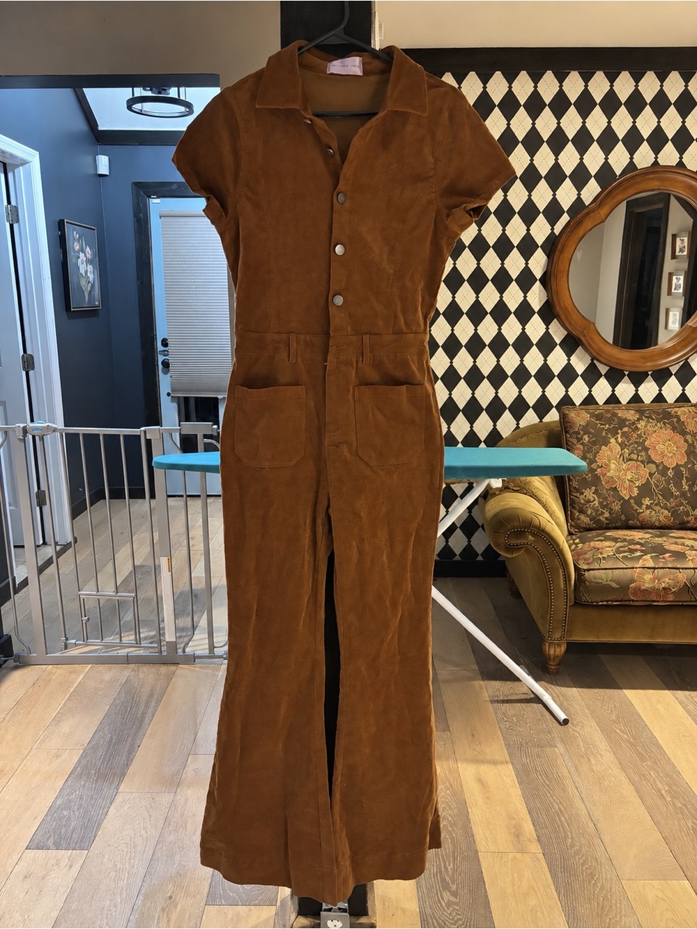 Brown corduroy  Short-Sleeve Button-Front Jumpsuit
